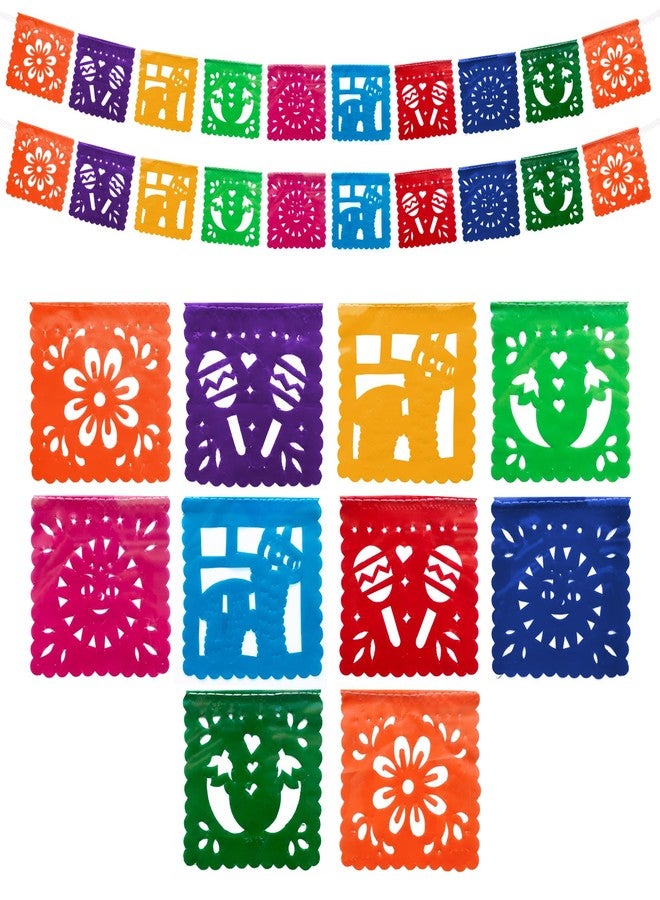 FIESTA WRAPS لافتات حفلات مكسيكية صغيرة (عبوتان، كل لافتة تحتوي على 10 أعلام بلاستيكية صغيرة) - بابيل بيكادو مكسيكانو للحفلات - بابيل بيكادو بلاستيكي - زينة حفلات بطابع مكسيكي - ديكور مكسيكي - Image 1